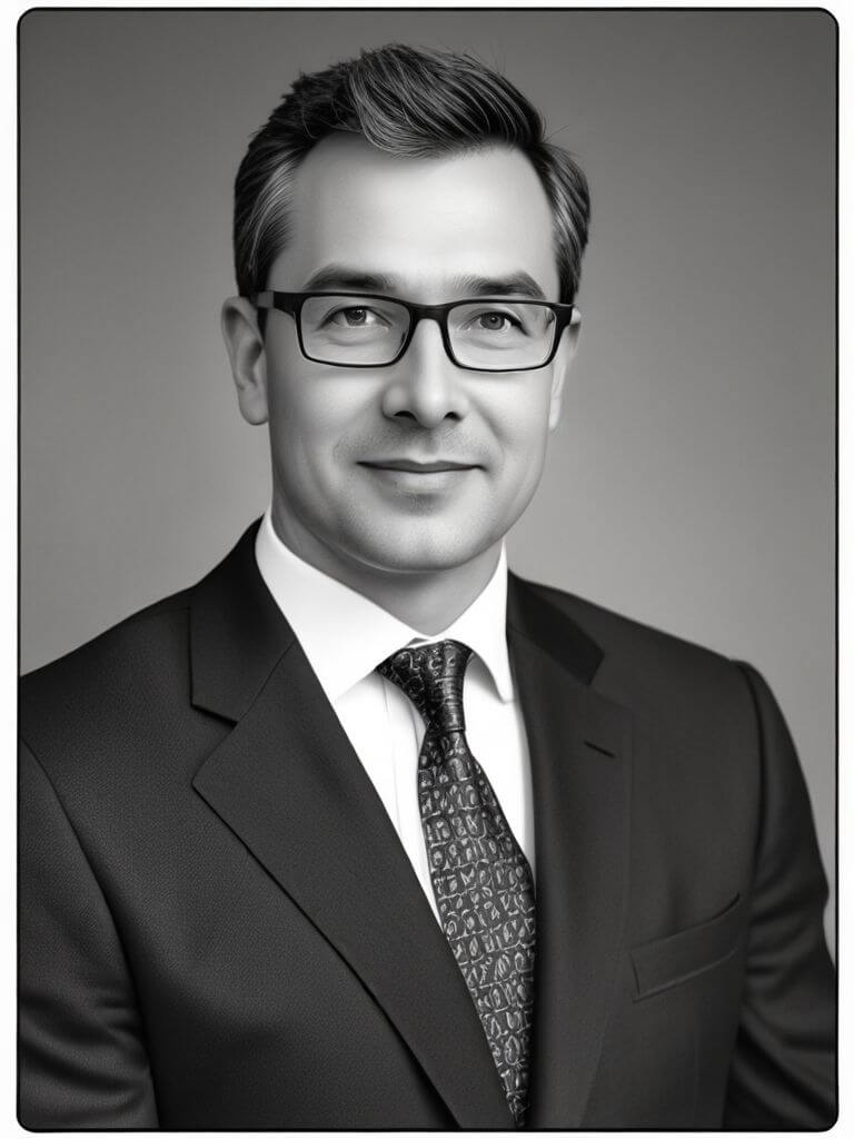 AI Headshot: b&w business headshot of {prompt},only Black and white colors, in a suit, portrait photo, Half-body digital photo , realistic, highly detailed, photorealistic, 8k, looking towards the camera