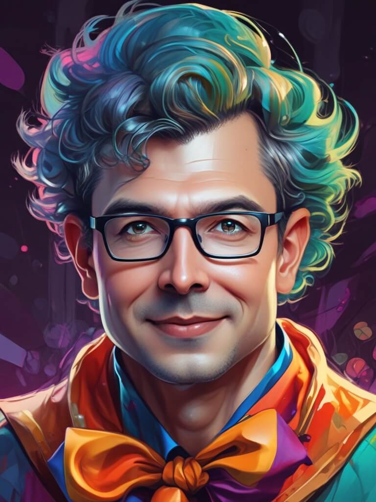 AI Headshot: Closeup portrait of {prompt} as a clown, highly detailed, surreal, expressionless face, bright colors, contrast lighting, abstract background, art by wlop, greg rutkowski, charlie bowater, magali villeneuve, alphonse mucha, cartoonish, comic book style