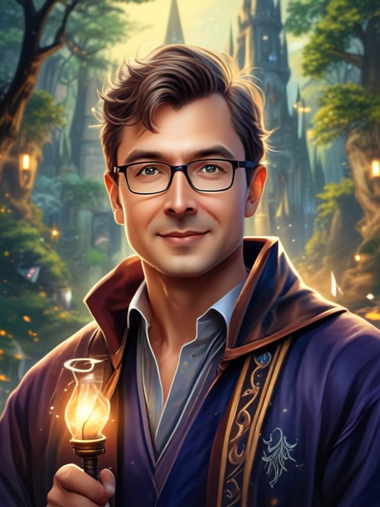 AI Headshot: Closeup portrait of {prompt} as a Harry Potter character, magical world, wands, robes, Hogwarts castle in the background, enchanted forest, detailed lighting, art by jim kay, charlie bowater, alphonse mucha, ronald brenzell, digital painting, concept art