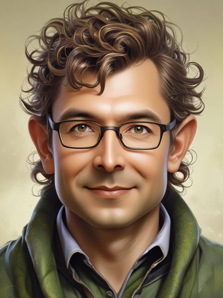 AI Headshot: Closeup portrait of {prompt} as a Hobbit, small, big brown eyes, green and brown clothing, detailed facial features, small feet, wispy hair, fantasy concept art, artstation trending, highly detailed, art by John Howe, Alan Lee, and Weta Workshop, earthy colors, looking into camera