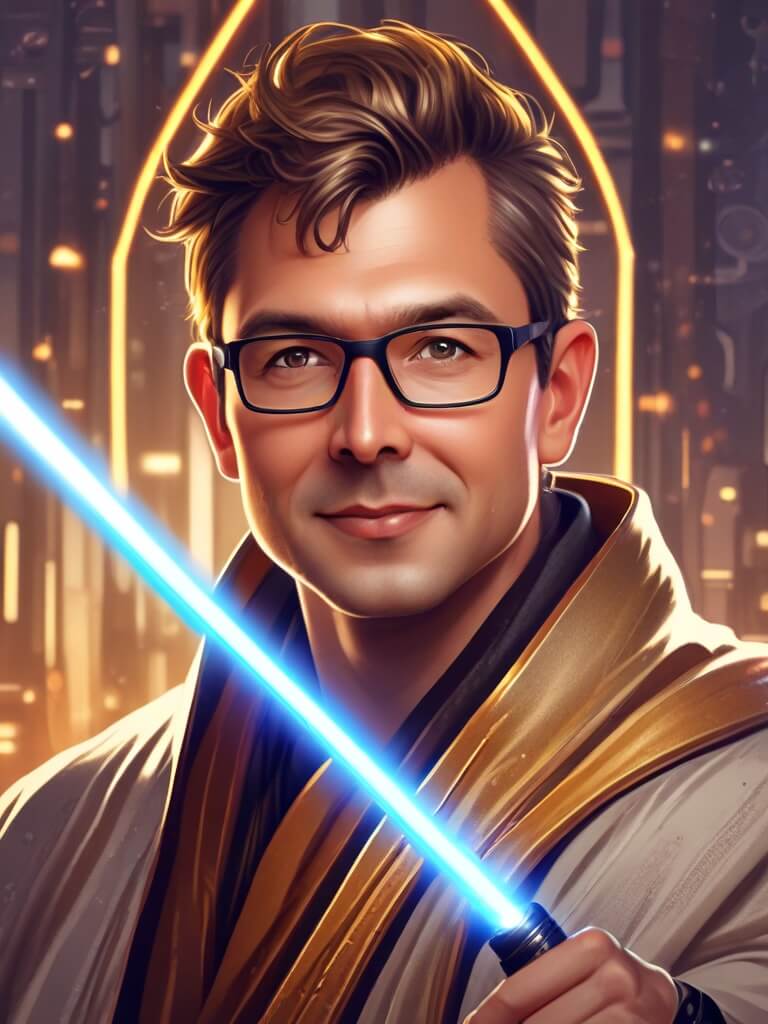 AI Headshot: Closeup portrait of {prompt} as a jedi with a lightsaber, highly detailed, science fiction, star wars concept art, intricate details, bright colors, golden hour, art by marko djurdjevic, greg rutkowski, wlop, fredperry, digital painting, rossdraws