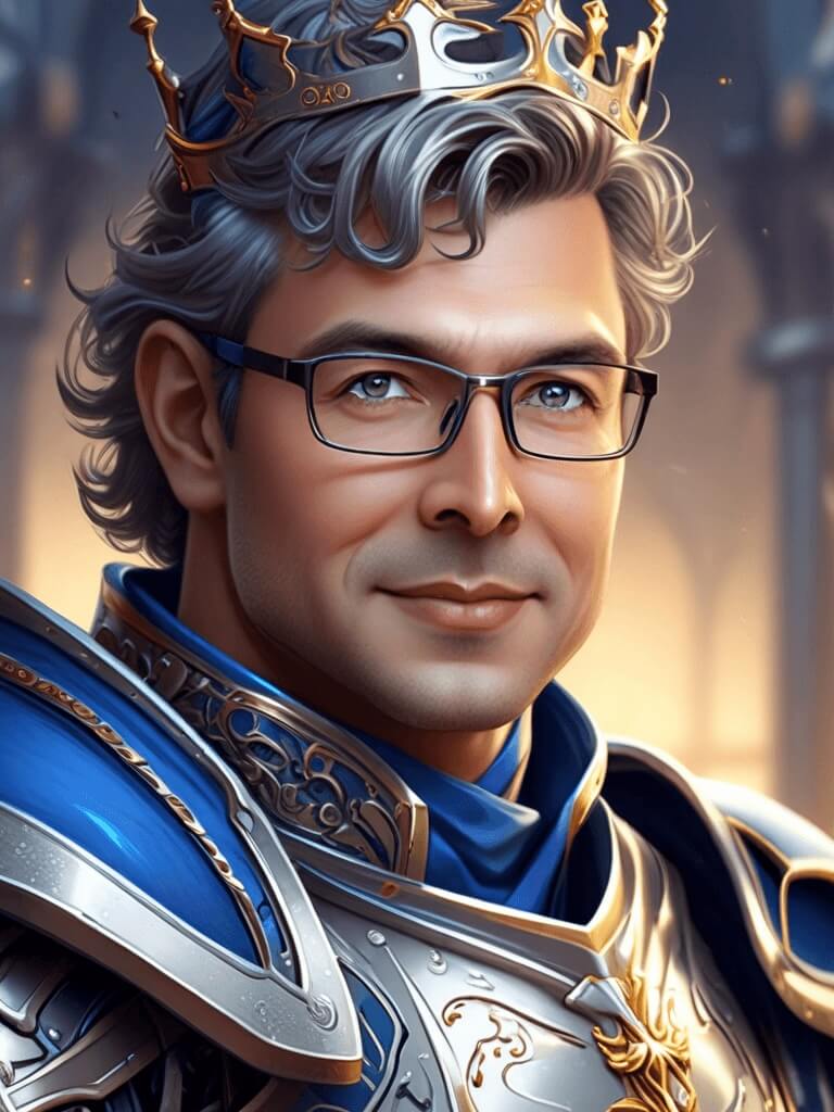 AI Headshot: Closeup portrait of {prompt} as a knight, wearing a full suit of armor, intricate details, majestic and powerful, bright shining silver armor, matching blue cape, a golden crown, artstation trending, highly detailed, digital painting, art by wlop, greg rutkowski, and charlie bowater