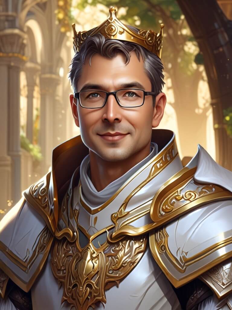 AI Headshot: Closeup portrait of {prompt} as a paladin, wearing brilliant white armor and a crown, fantasy concept art, artstation trending, highly detailed, beautiful landscape in the background, art by wlop, greg rutkowski, thierry doizon, charlie bowater, alphonse mucha, golden hour lighting, ultra realistic