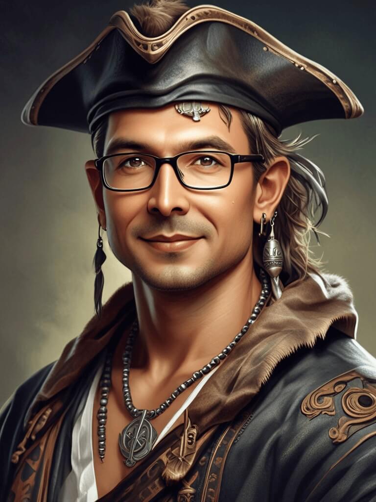 AI Headshot: Closeup portrait of {prompt} as a pirate, wild and crazy, bandana, eye patch, golden hoop earrings, tattered and ripped clothes, detailed tattoos, rough and rugged, art by alphonse mucha, kai carpenter, ignacio fernandez rios, charlie bowater, noir photorealism, ultra real