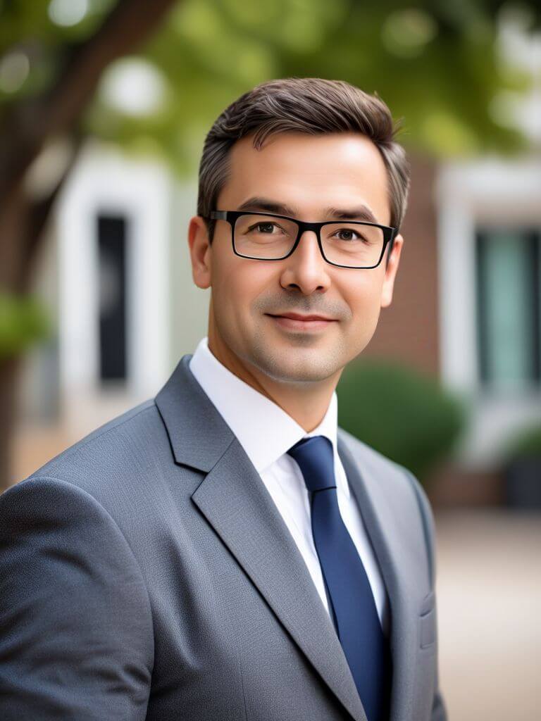 AI Headshot: headshot of {prompt} as Real Estate Agent, outdoor house background, in a suit, house background, Half-body digital photo , realistic, highly detailed, photorealistic, 8k, looking towards the camera