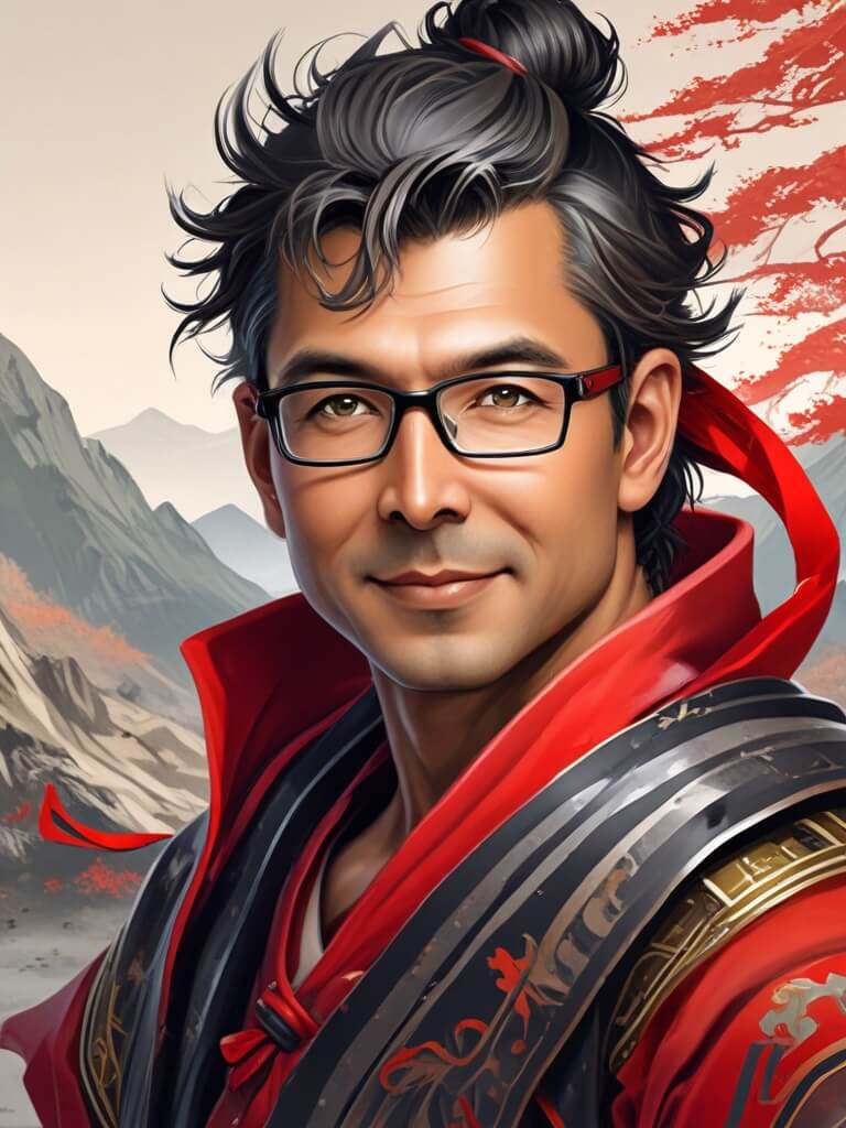 AI Headshot: Closeup portrait of {prompt} as a samurai warrior, war-torn landscape in the background, wearing a black and red armor, ready to fight, detailed textures, concept art, noir art, art by hinata matsumura, alphonse mucha, mike mignola, kazu kibuishi, and rev.matsuoka, digital painting, ultra-realistic