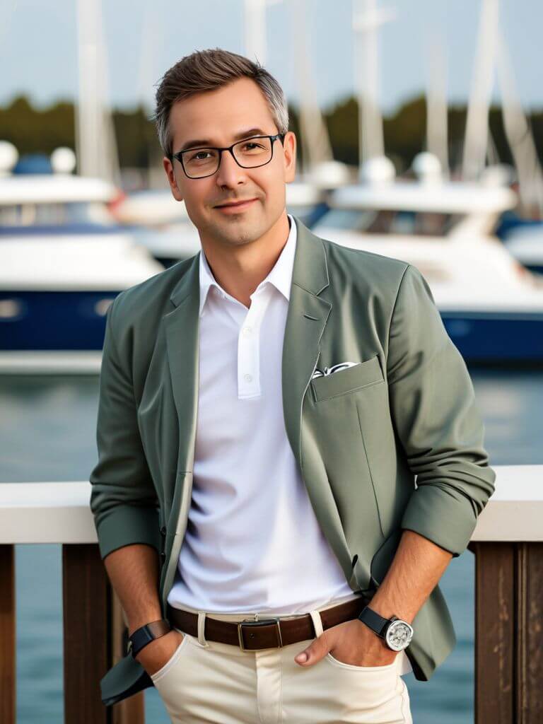 AI Headshot: headshot of {prompt}, Leisure Informal clothing, with a Yacht background,Yacht background, Half-body digital photo , realistic, highly detailed, photorealistic, 8k, looking towards the camera